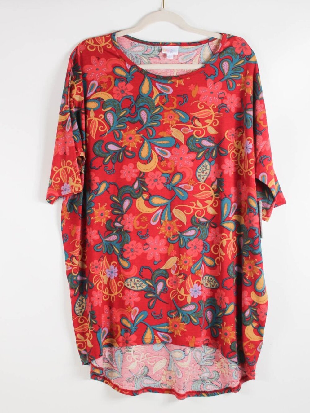 LuLaRoe Irma Tunic Top Large (oversized) - Red Floral Paisley Hi Low